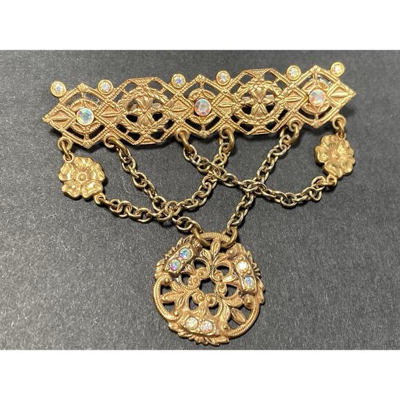 Vintage Victorian Revival Brass Tone Dangle Chain Brooch Rhinestones Festoon - Picture 6 of 11